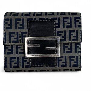 Fendi Zucca Compact Navy Wallet - FF Logo